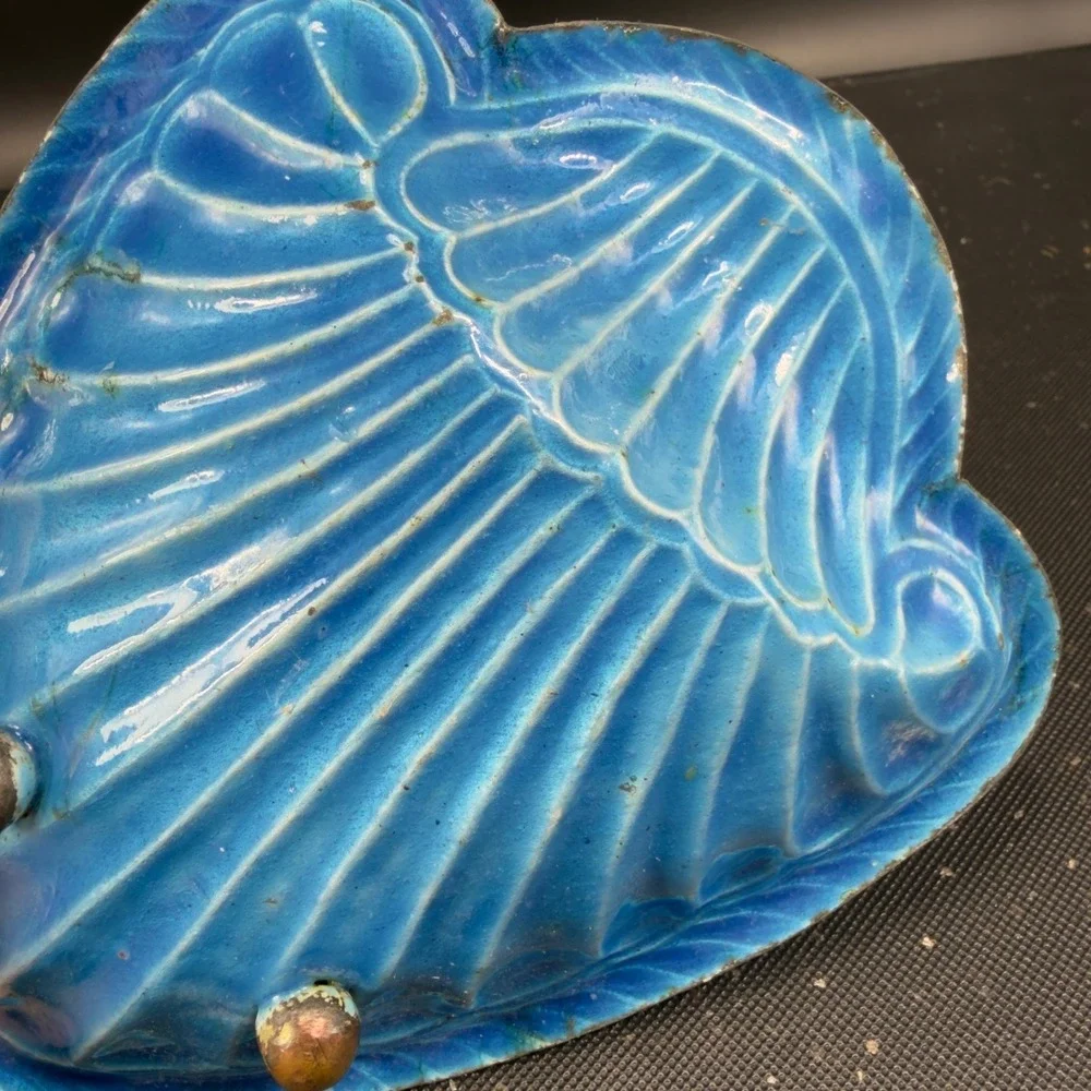 Vintage Enameled Metal Seashell Trinket Dish Multi Color Scallop Shell Tray Dish